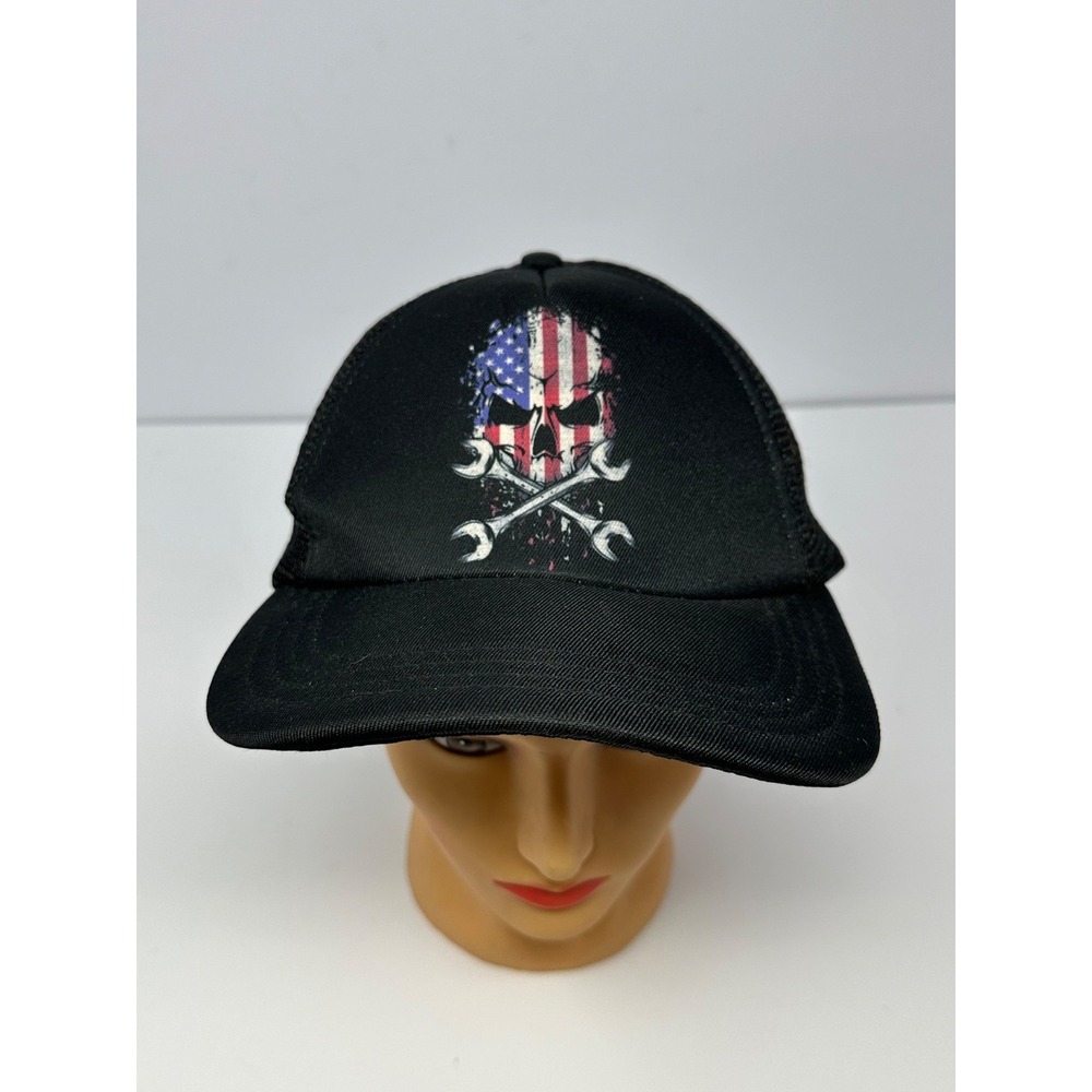 H3 Headwear Black Patriotic Skull Crossed Wrench Logo Snapback Hat Cap V5
